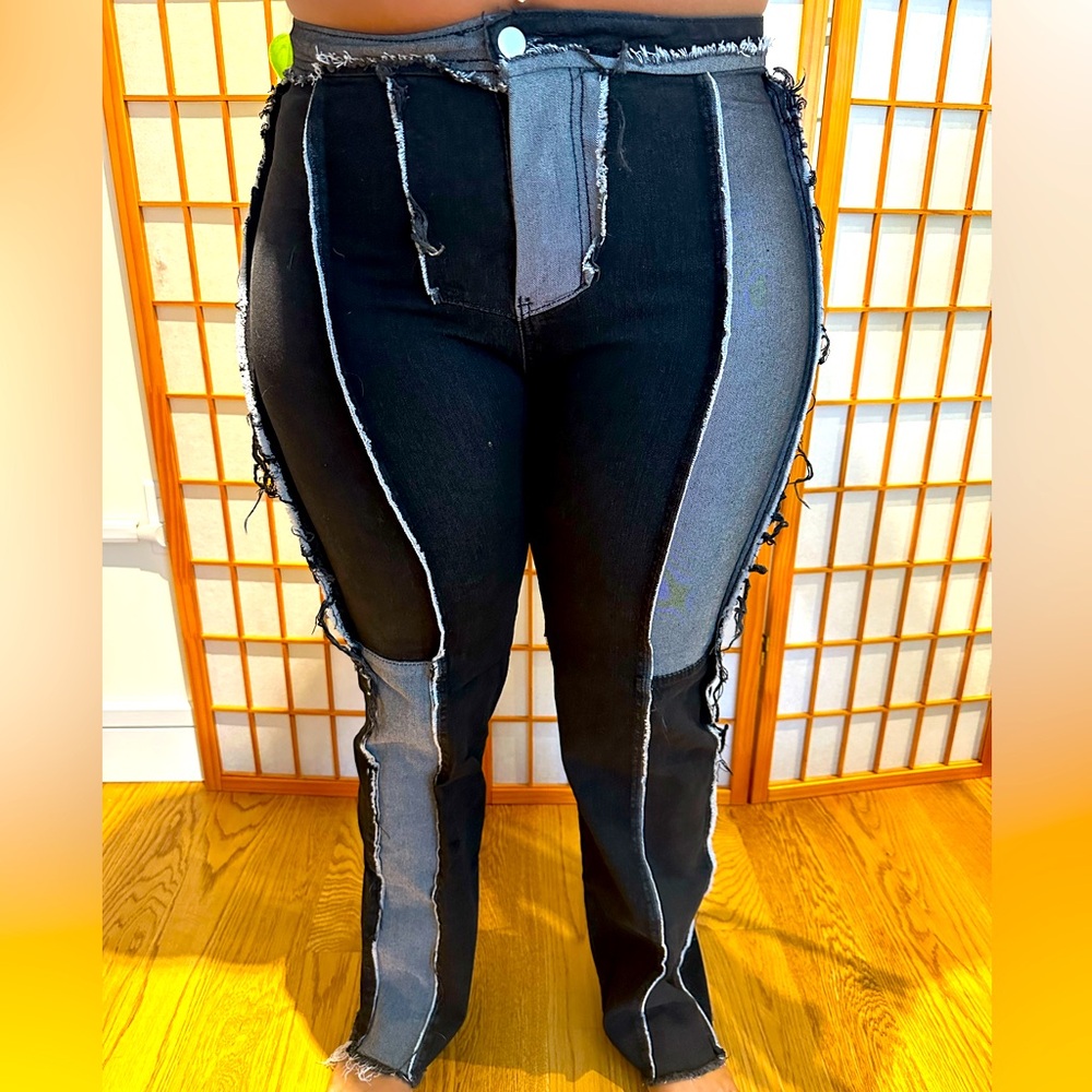 Black/Gray Distressed Patchwork Denim - image 4